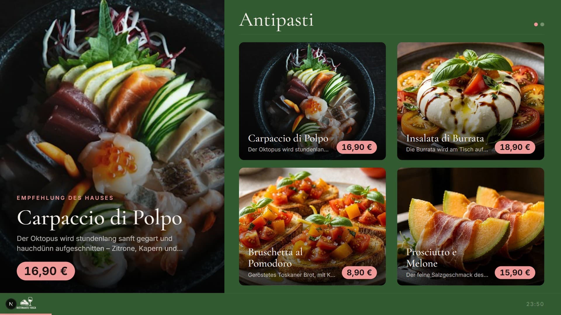 Menütafel eines Restaurants mit großem Empfehlungsbild und Gerichten mit Preisen